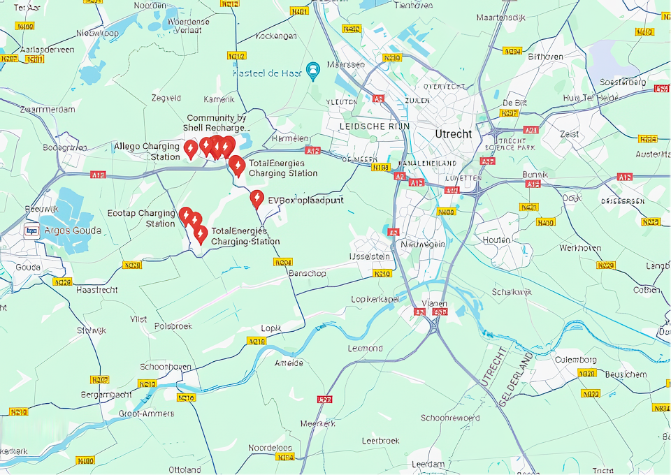Landkaart van elektrische laadstations locaties
