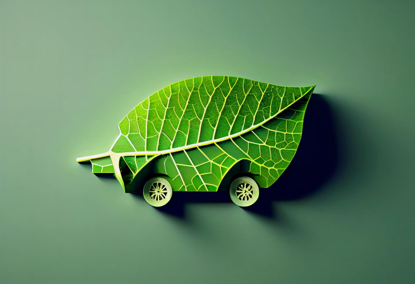 Geïllustreerd blad met wielen eronder, als symbool voor duurzaam transport